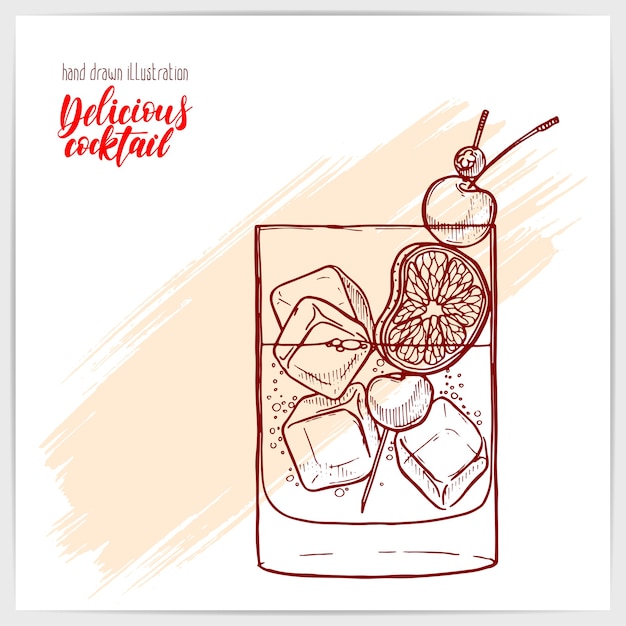 Sketched card with tasty fresh Old Fashioned cocktail with lime and cherry