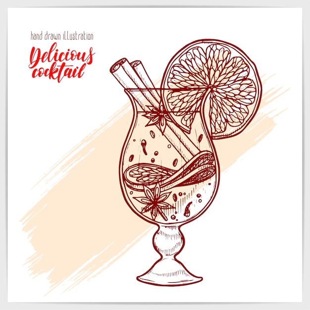 Vector sketched card with tasty hot mulled wine with fruits and spices