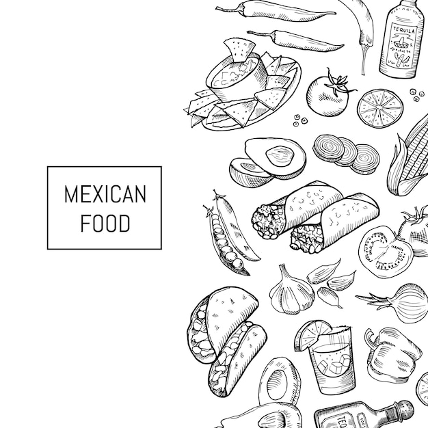 텍스트에 대 한 장소를 가진 스케치 멕시코 음식 요소