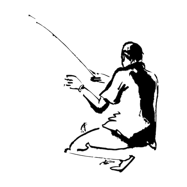 Sketched Person Hand Drawn Illustration Of A Squatted Grown Man With Fishing Rod