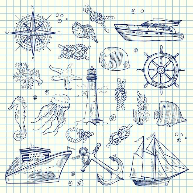 Vector sketched sea elements of set on notebook