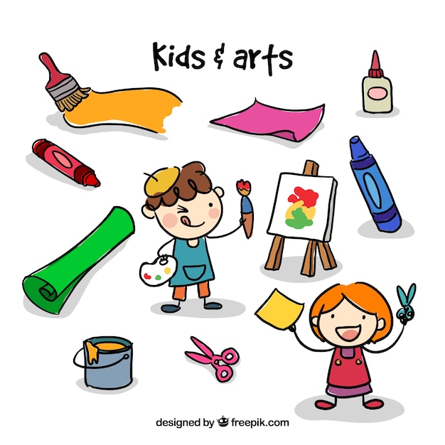 Vector sketches artist kids with craft elements