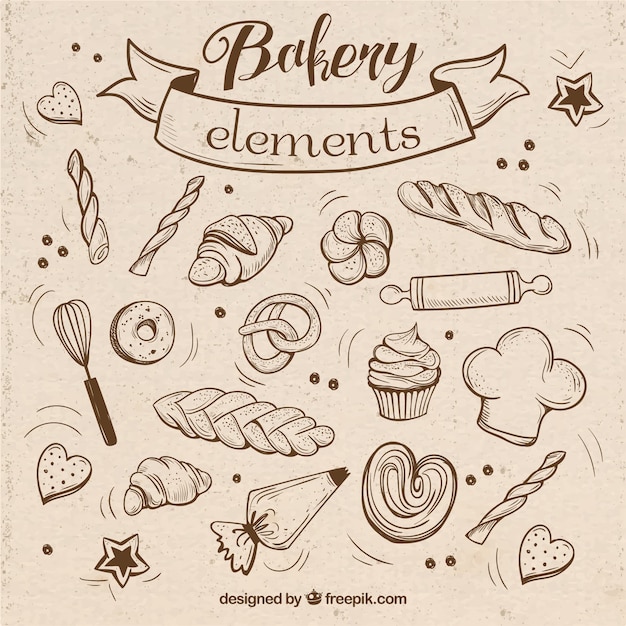 Vector sketches bakery elements with utensils