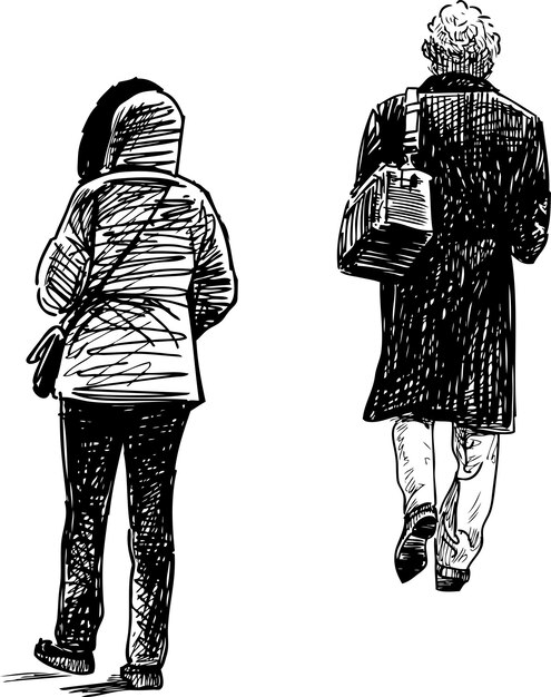 Vector sketches of casual city pedestrians walking down the street