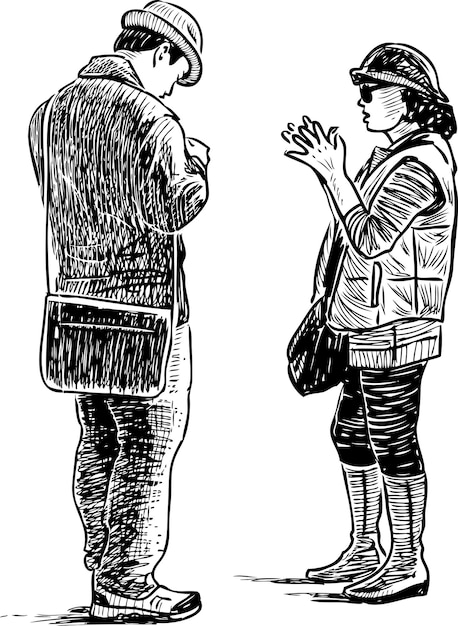 Sketches of casual sightseers standing and talking outdoors