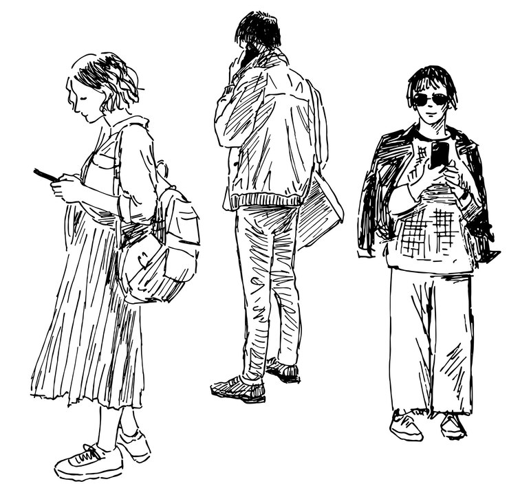 Vector sketches of casual young people with smartphones standing outdoors