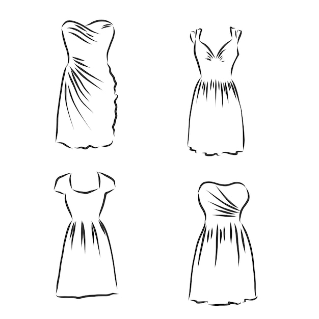 Sketches collection of womens dresses Hand drawn vector illustration Black outline