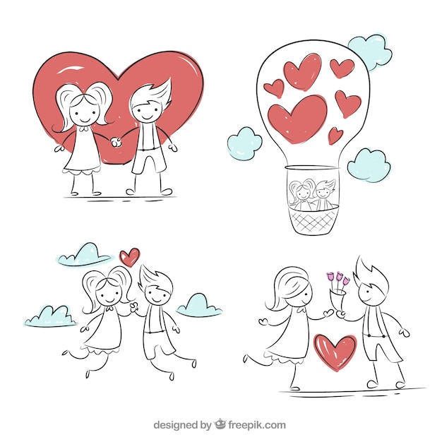 Vector sketches of couple with hearts pack