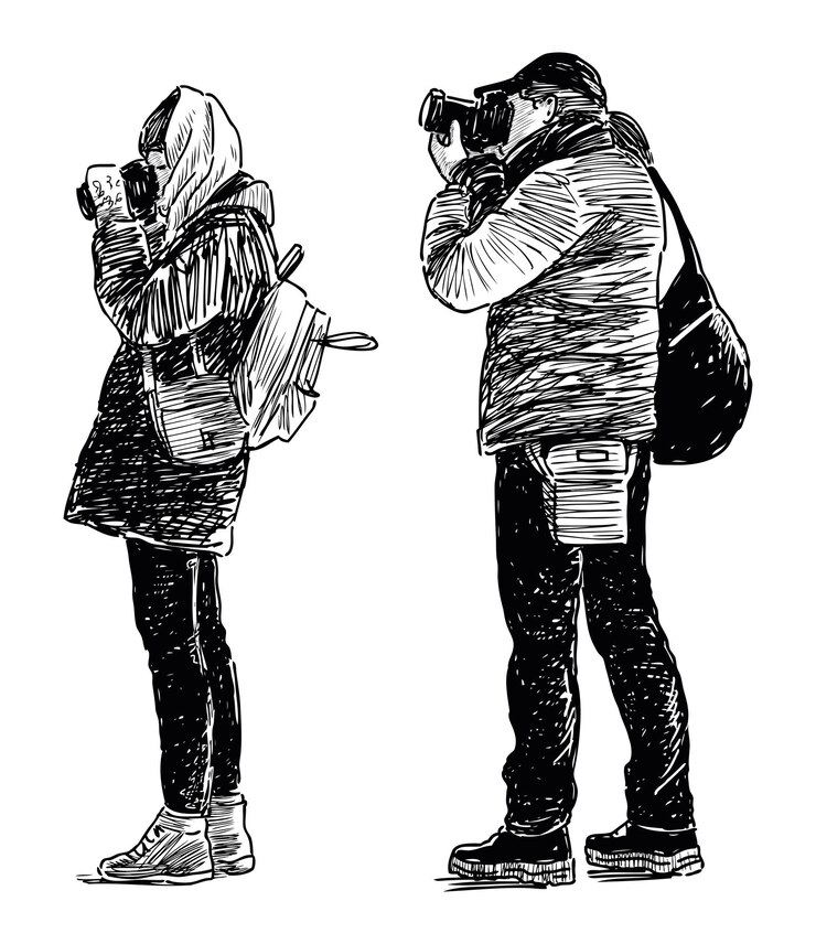 Vector sketches of couple young casual tourists photographers shooting on cameras vector realistic hand drawing