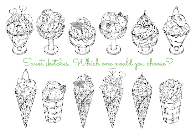 Sketches of different kinds of ice cream.