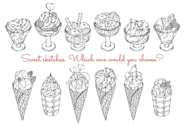 Sketches of different kinds of ice cream.