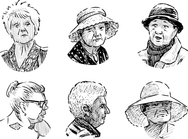 Vector sketches of faces various elderly women