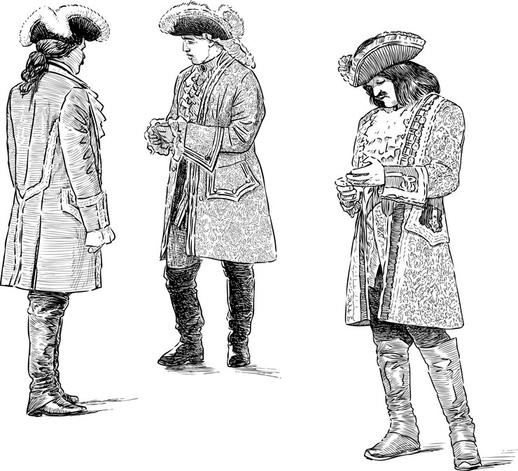 Vector sketches of gentelmen in vintage costumes of 18th century