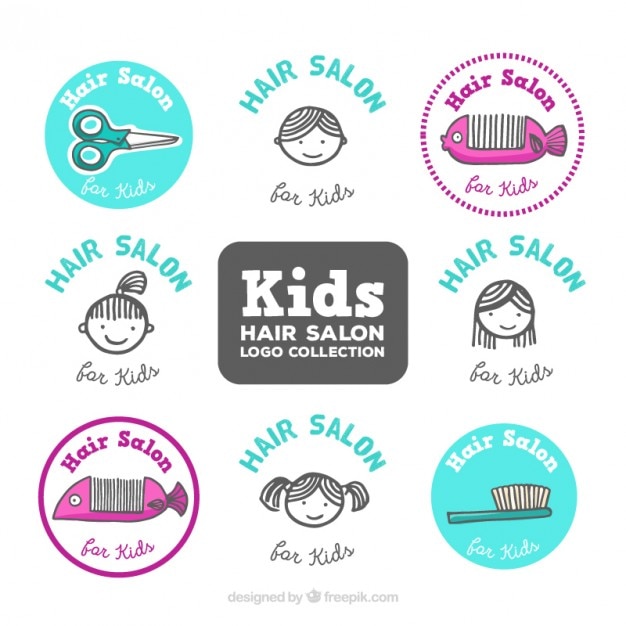 Sketches kids hair salon logos set