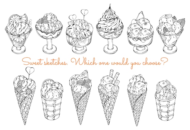 Вектор Эскизы разных видов мороженого.