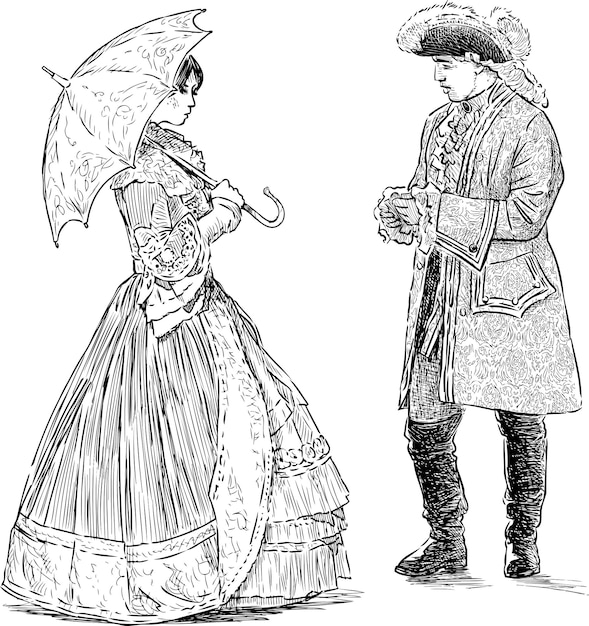 18세기 고급 의류를 입고 서서 대화하는 사람들의 스케치