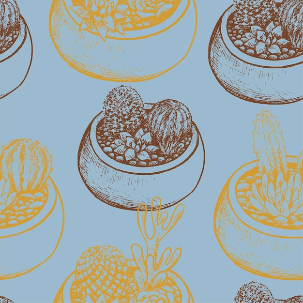 Schizzi di vasi con cactus e piante grasse. ornamento floreale di piante da appartamento. modello senza cuciture di vettore dell'annata. design botanico per sfondo, carta da parati, involucro, tessuto. Vettore Premium
