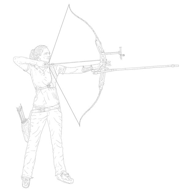 Sketches silhouettes attractive female archer bending a bow and aiming in the target