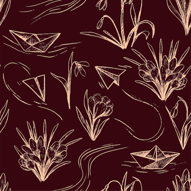 Sketches of snowdrops and crocuses, paper plane and boats. Botanical vector seamless pattern. Spring flowers ornament for wallpaper, textile, background, fabric.