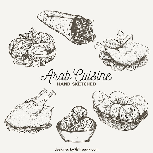 Schizzi gustosi piatti della cucina araba