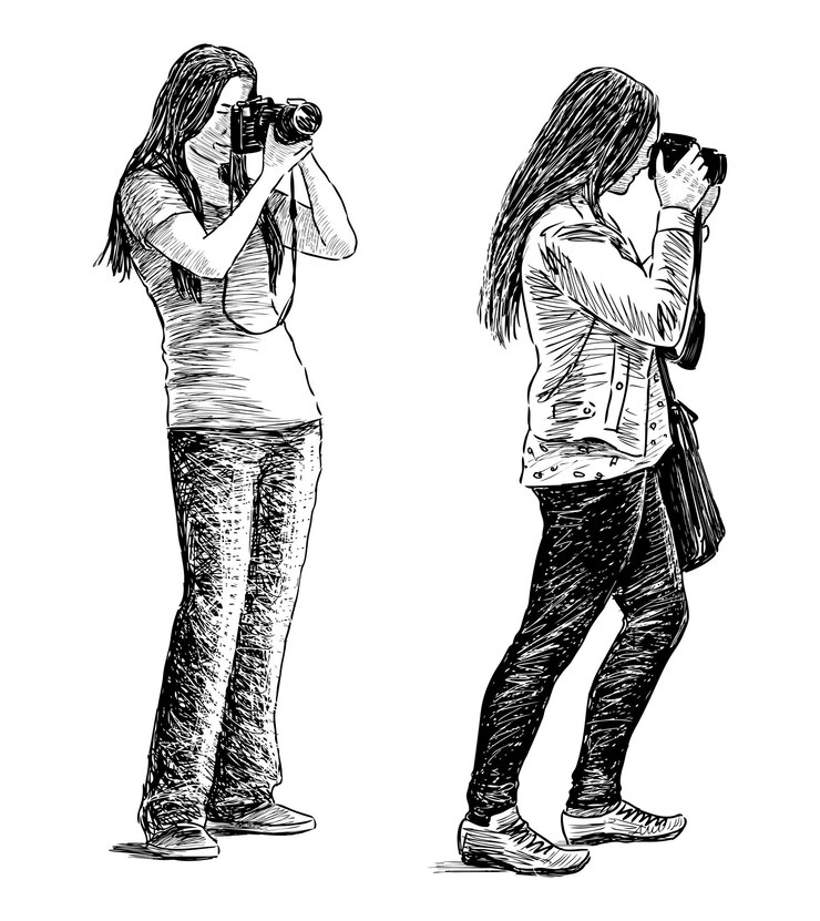 Vector sketches of two casual girls photographing on camera outdoors realistic hand drawing vector