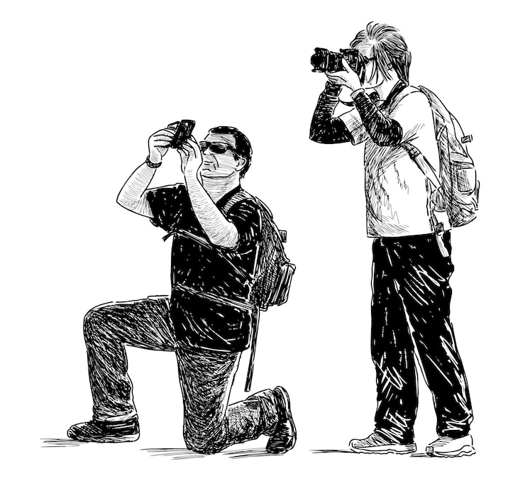 Vector sketches of two casual tourists couple with backpacks photographing on camera and smartphone