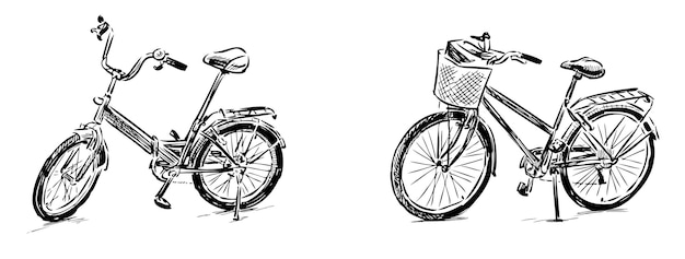 Vector sketches of two urban bicycles black and white vector hand drawing isolated on white