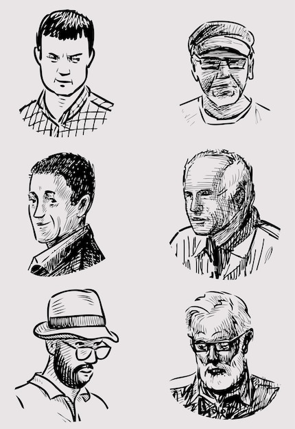 Vector sketches of various faces young people and seniors men