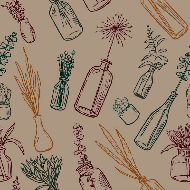 Vector sketches of vases with flowers and plants. vintage home decor botanical ornament. hand drawn vector seamless pattern. abstract design for textile, background, wallpaper.