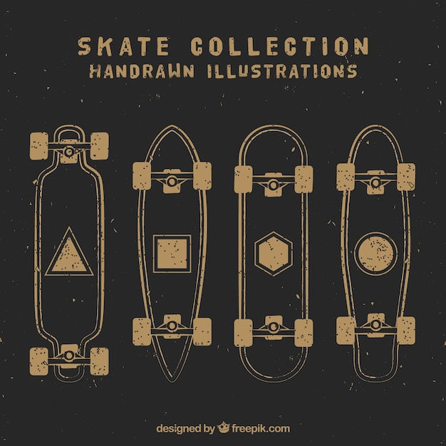 Sketches vintage skateboards set