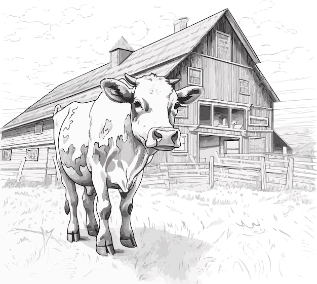 Vector sketching tranquility pencil art showcasing farmers country houses cattle and serene living