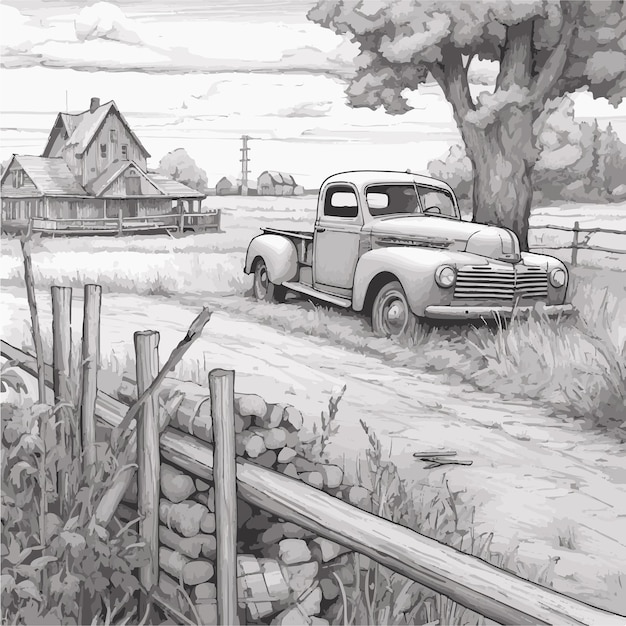 農民のカントリーハウス、牛と穏やかな生活を紹介する静けさの鉛筆アートのスケッチ