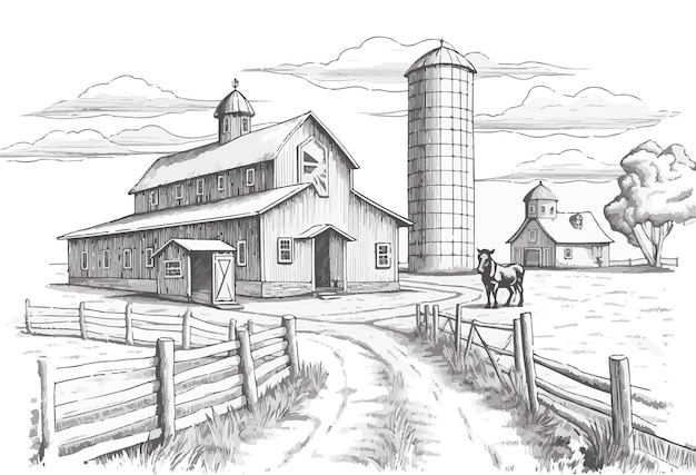 Sketching Tranquility Pencil Art Showcasing Farmers Country Houses Cattle and Serene Living