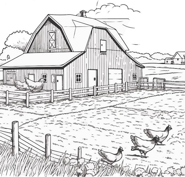 Vector sketching tranquility pencil art showcasing farmers country houses cattle and serene living