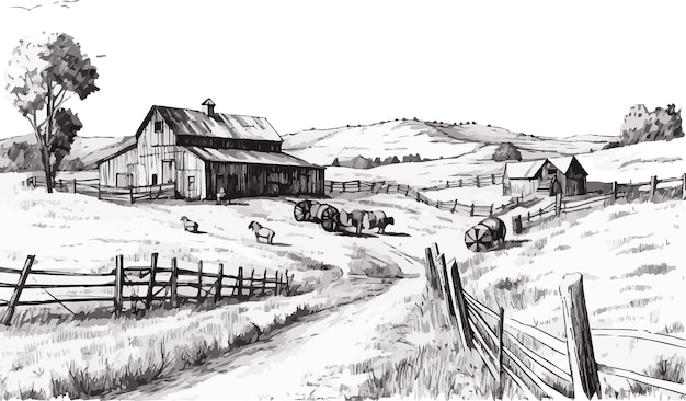 Sketching Tranquility Pencil Art Showcasing Farmers Country Houses Cattle and Serene Living