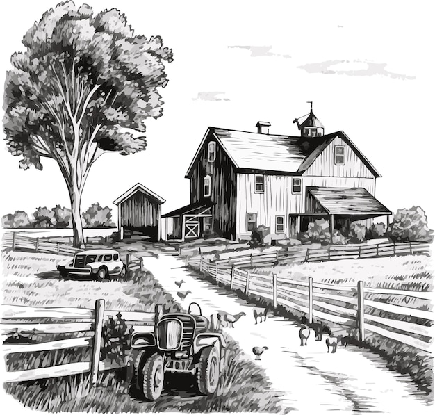 Sketching Tranquility Pencil Art Showcasing Farmers Country Houses Cattle and Serene Living