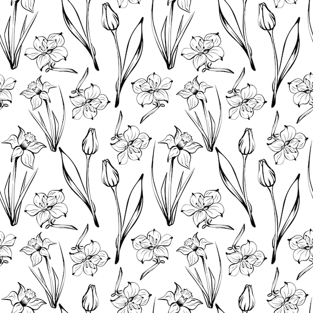 Modello di fiori in stile sketch disegnato a mano su sfondo bianco per disegni di imballaggio unici