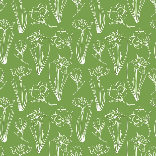 Vector sketchstyle magnolia- en narcissuspatroon met de hand getekend op groene achtergrond voor verpakkingsontwerpen