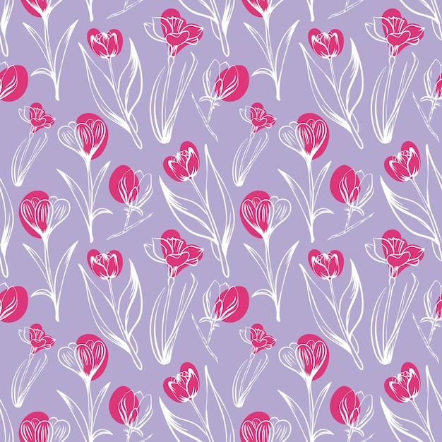 Vector sketchstyle tulp crocus en magnolia patroon met de hand getekend op blauwe achtergrond