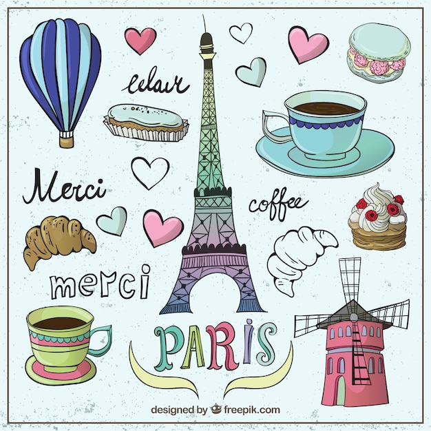 Vector sketchy colorful paris elements