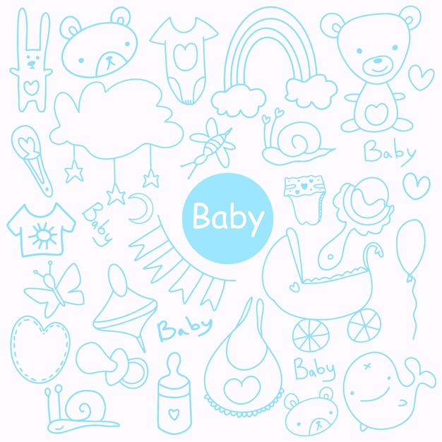 Vettore insieme di oggetti e simboli del fumetto di doodle disegnato a mano impreciso sul tema del bambino