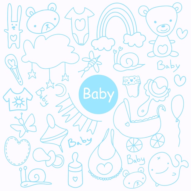 Sketchy hand drawn doodle cartoon set of objects and symbols on the baby theme