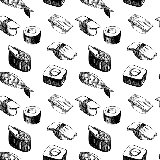 Vector sketchy sushi and rolls seamless pattern black and white background for for asian cafe restaurant design for fashion fabric textile wallpaper cover vector illustration