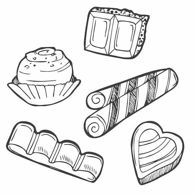 Sketchy vector handgetekende doodle cartoon set van chocolade voorwerpen en symbolen