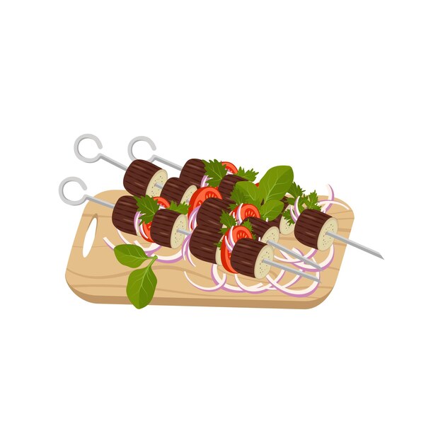 Skewers of eggplant, tomatoes and onions with herbs on wooden board. delicious grilled food, healthy vegetables for picnic or dinner. vector flat illustration
