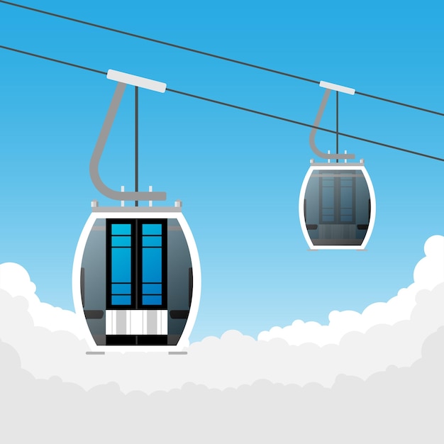 ski cabin lift for mountain skiers and snowboarders moves in the air on a cableway