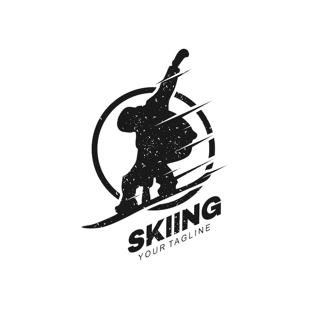 Концепция лыжного клуба с лыжниками, катающимися на лыжах в высоких горах. Ретро-значок векторного лыжного клуба.