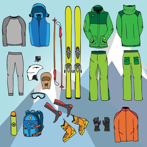 Attrezzatura da sci set di scarabocchi infografici attrezzatura da sci da montagna disegnata a mano