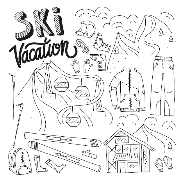 Ski equipment in vector ski kit infographic set doodle hand drawn style