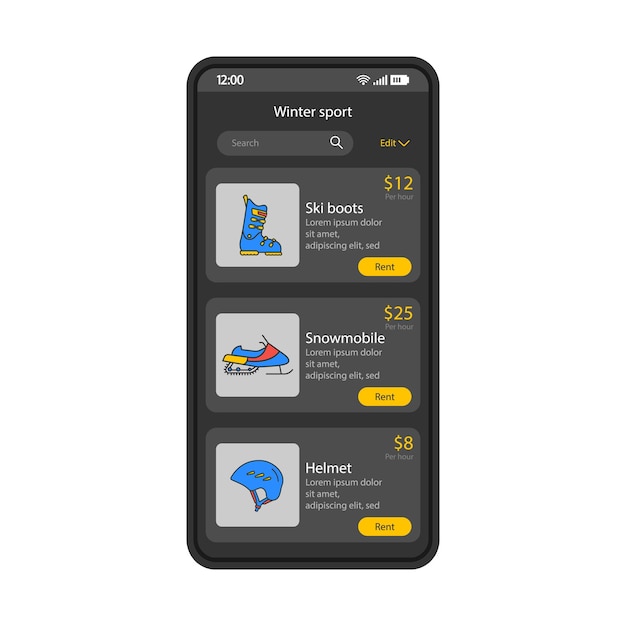 Vettore modello vettoriale dell'interfaccia dello smartphone per l'attrezzatura da sci pagina dell'app per lo shopping mobile layout blu del design dello schermo dell'applicazione per il noleggio di attrezzature per sport invernali interfaccia utente piatta negozio di abbigliamento online sul display del telefono